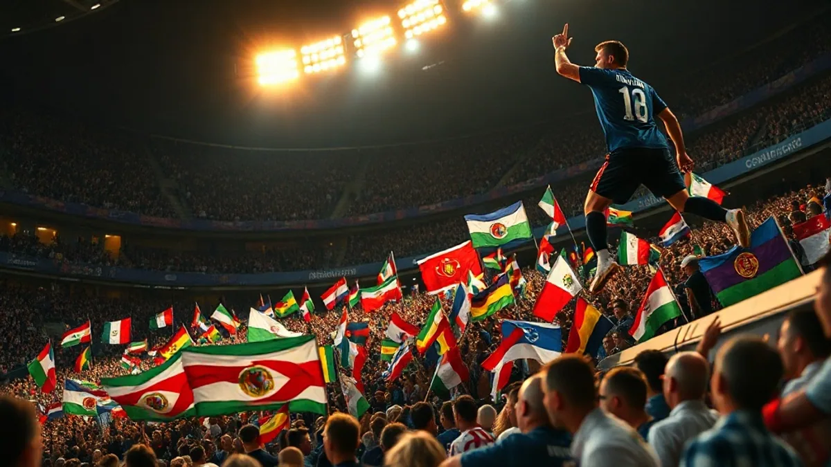 Ambiance de Coupe du monde dans un stade comble, supporters agitant des drapeaux de nombreuses nations